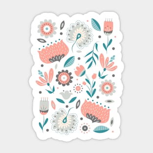 Folk art Florals in Gray + Coral Pink Sticker